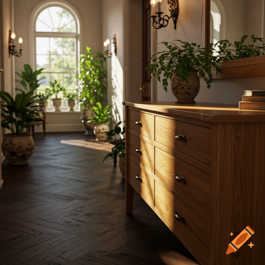Sunlit hallway featuring a wooden dresser, potted plants, and an arched window, creating a serene, photorealistic scene.