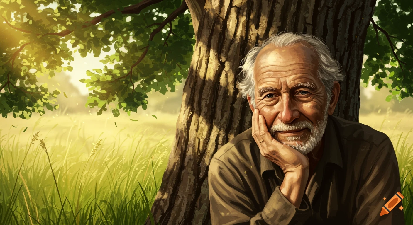 Painting of a smiling old man with a white beard, resting his hand under his chin, leaning against a tree in a sunny, grassy field.