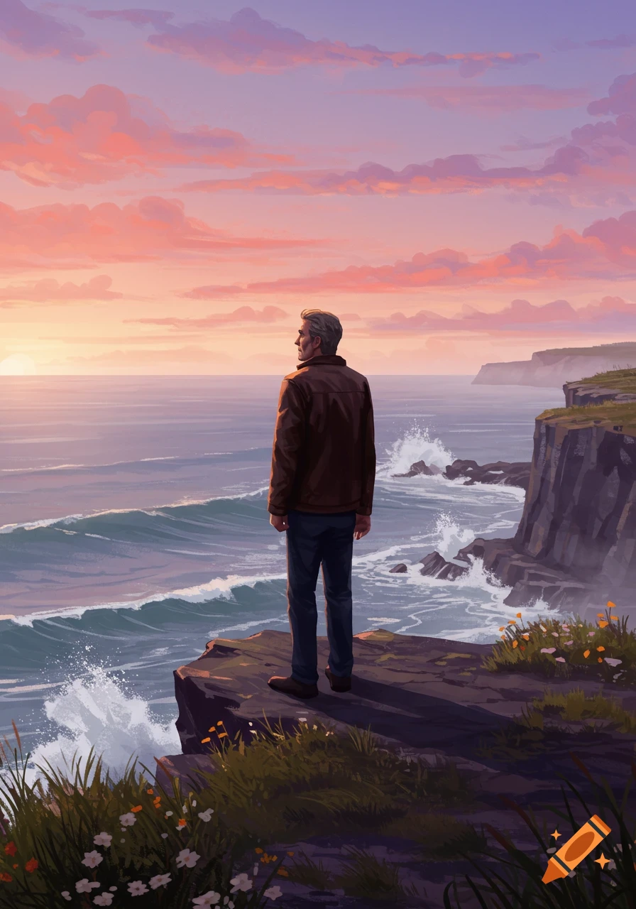 An illustrated man stands on a cliff, gazing at the ocean waves and a beautiful sunset sky.