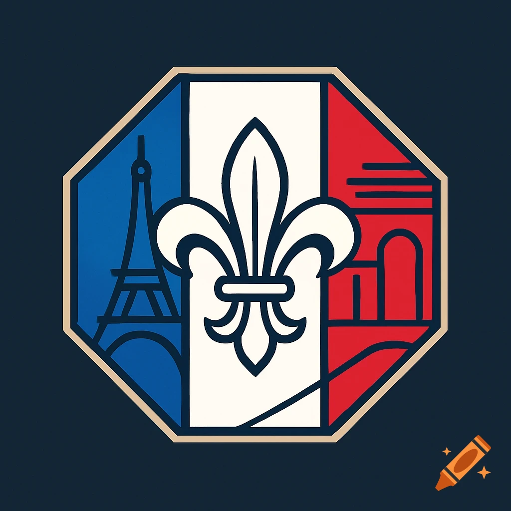 An octagonal logo with a white fleur-de-lis on a French flag. Blue stripe has Eiffel Tower, red has a bridge and arch.