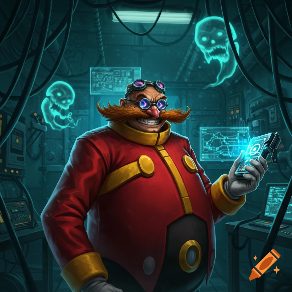 Dr. Robotnik in a red coat and goggles, holding a glowing device in a high-tech lab with glowing ghost-like figures.