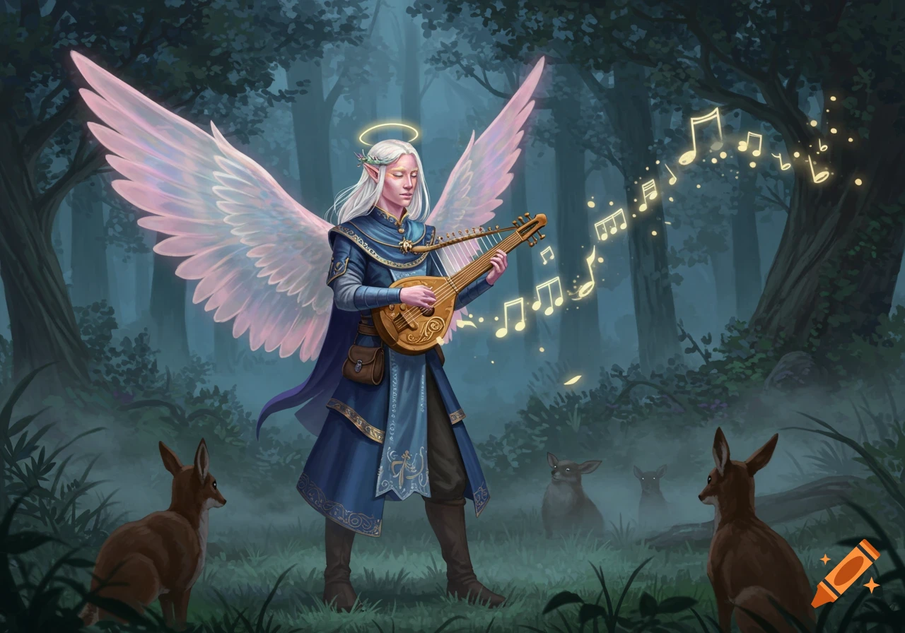 An angelic elf-like bard with white hair and pink wings plays a lute-like instrument in a mystical forest as deer watch. Digital art.