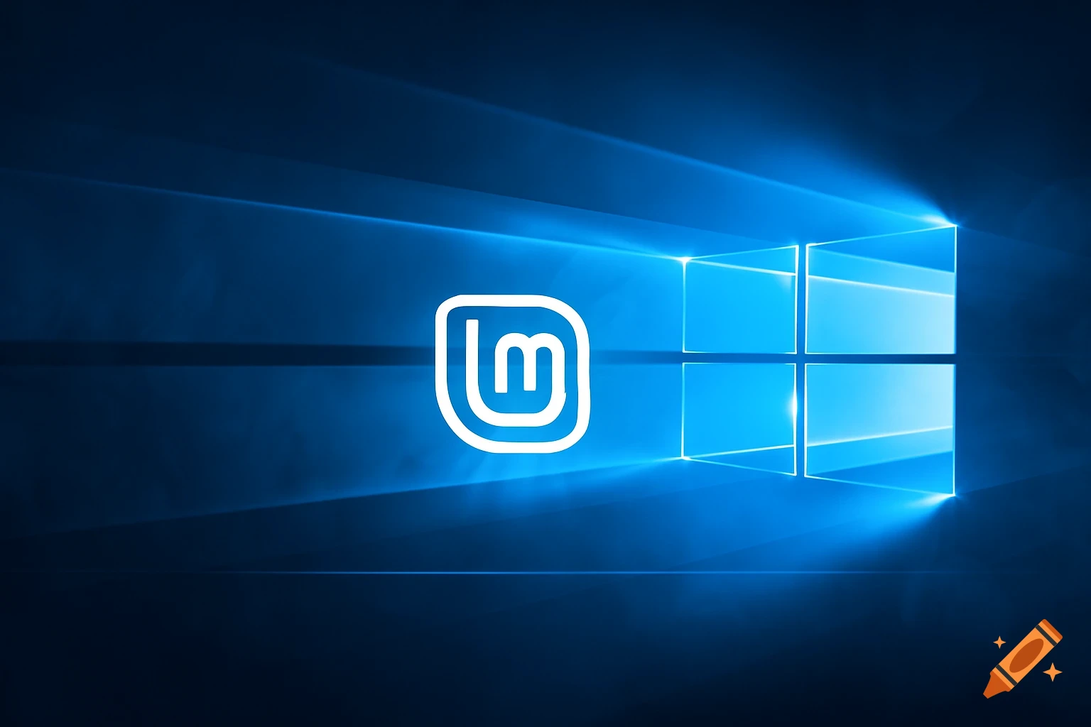A blue Windows 10 default wallpaper with light rays, featuring the white Linux Mint logo replacing the Windows logo.