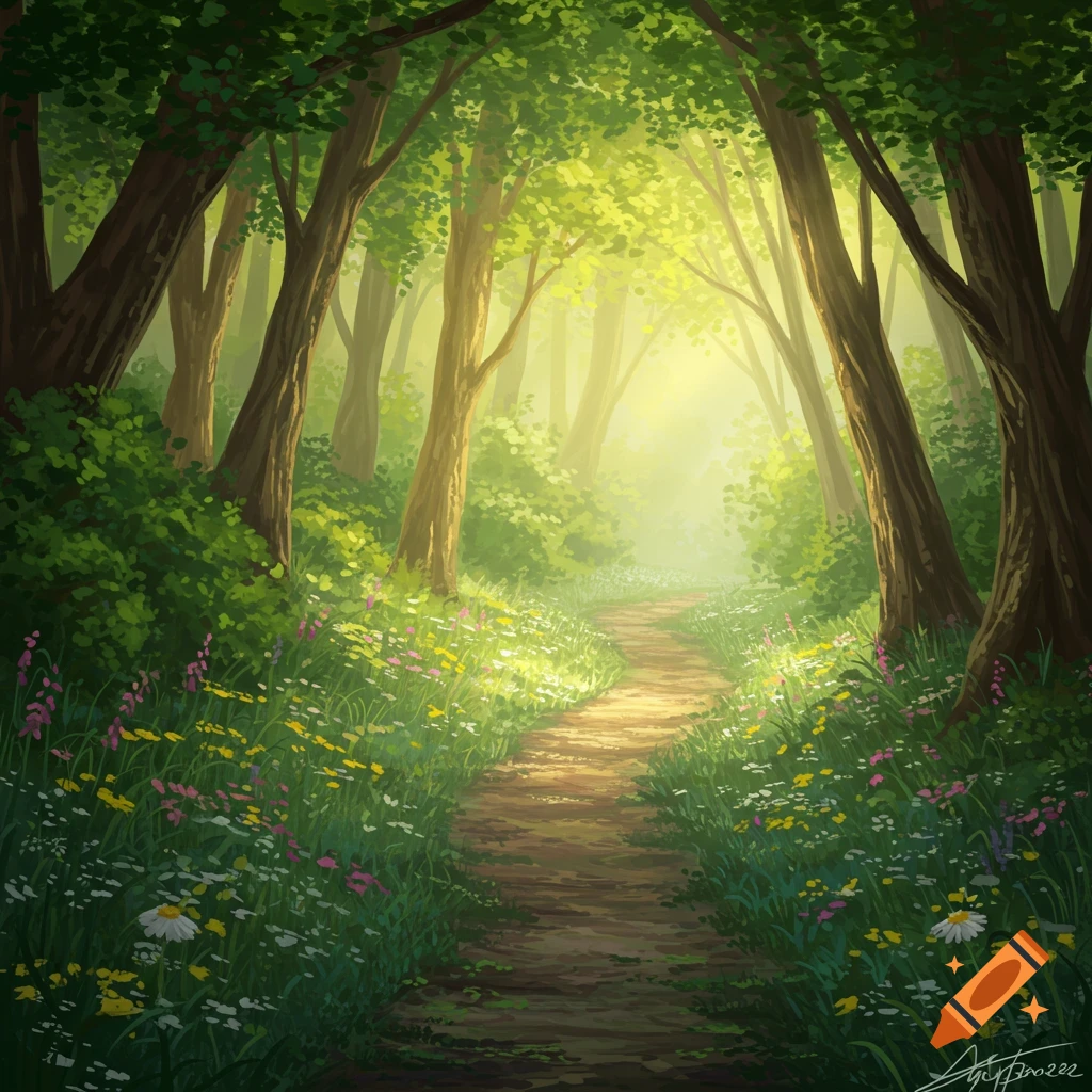 A sunlit forest path winds through tall trees and vibrant wildflowers, bathed in a warm, glowing light in this digital art piece.