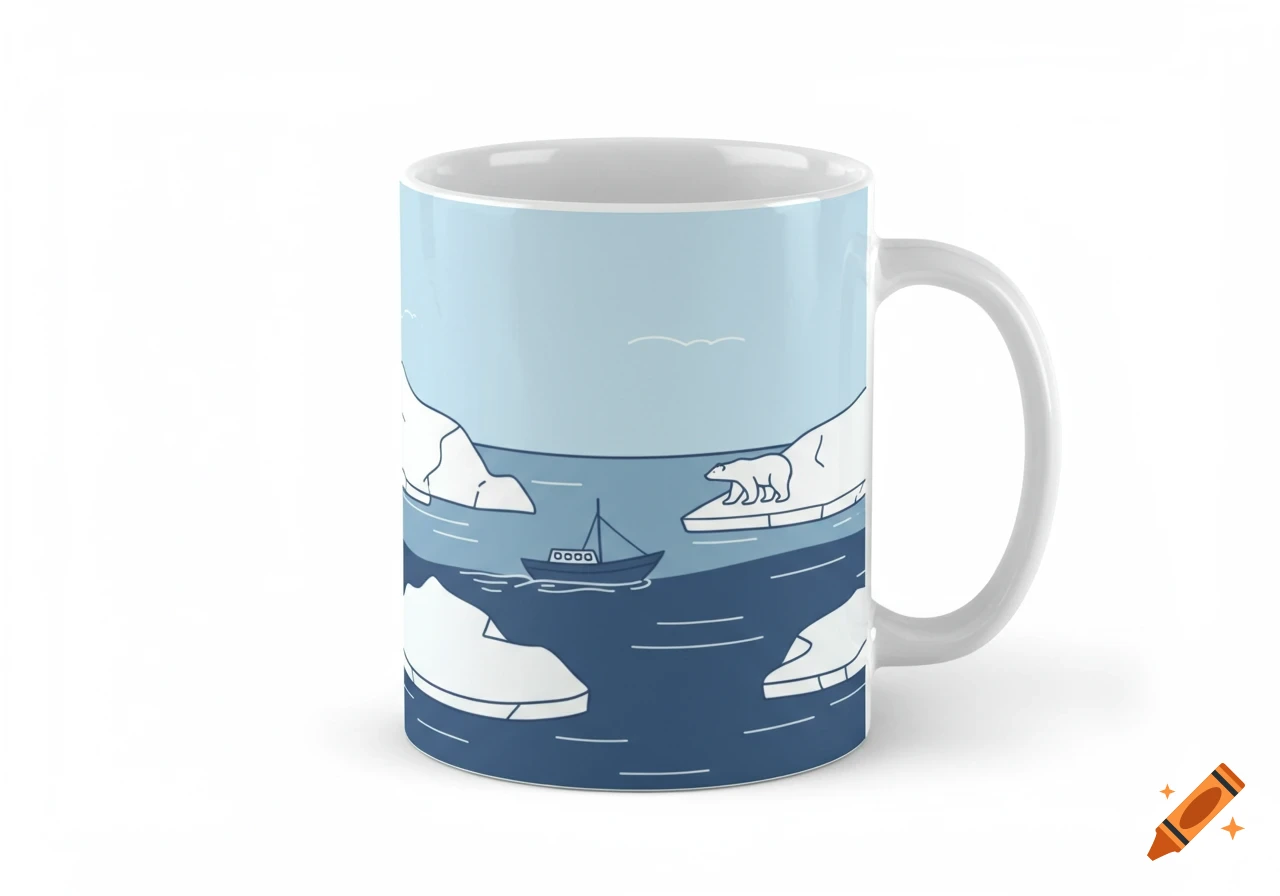 A minimalist illustration on a white mug depicting an Arctic scene with a boat, ice floes, and a polar bear.