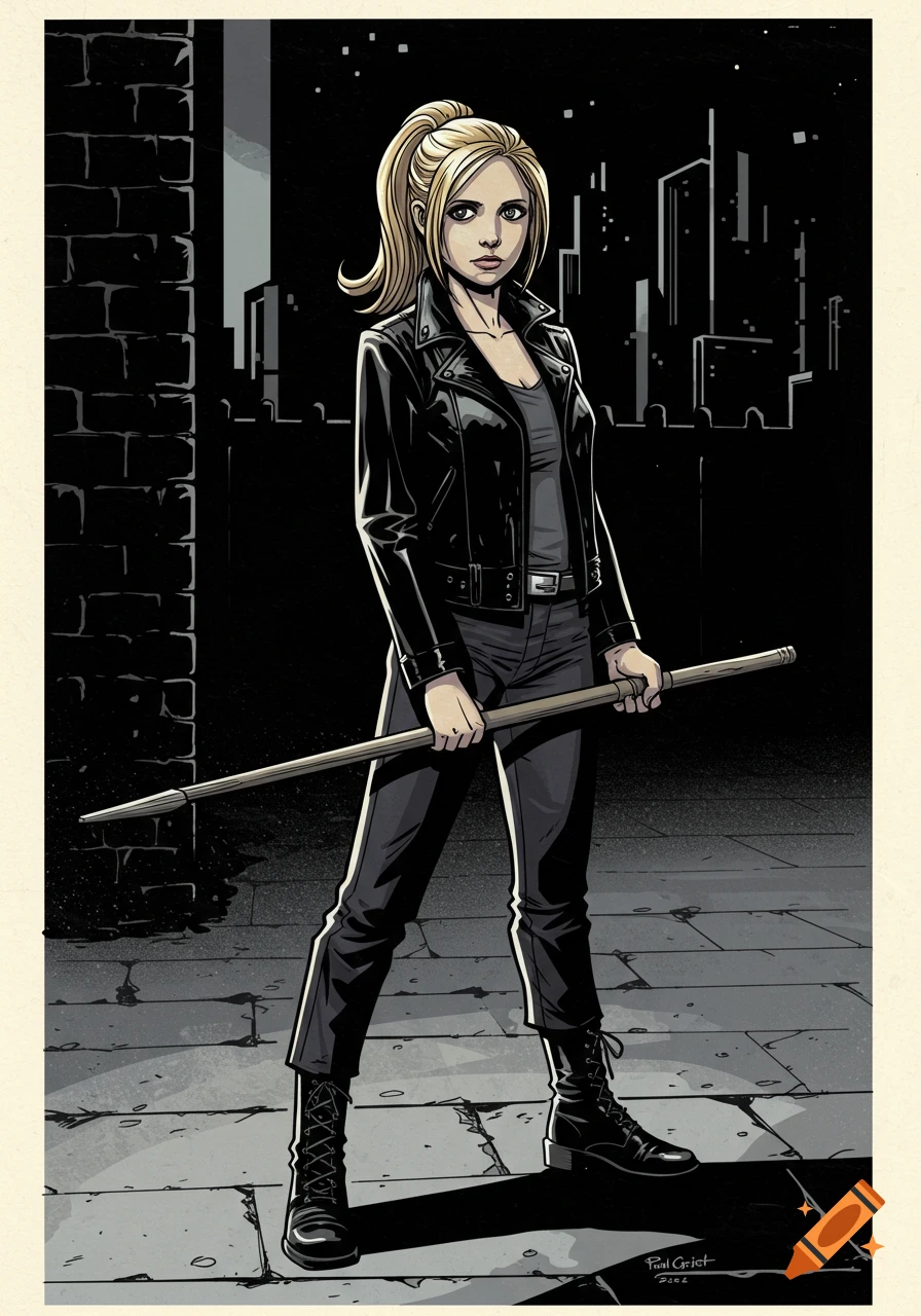 Comic art of Buffy Summers in a leather jacket holding a stake on a dark city street.