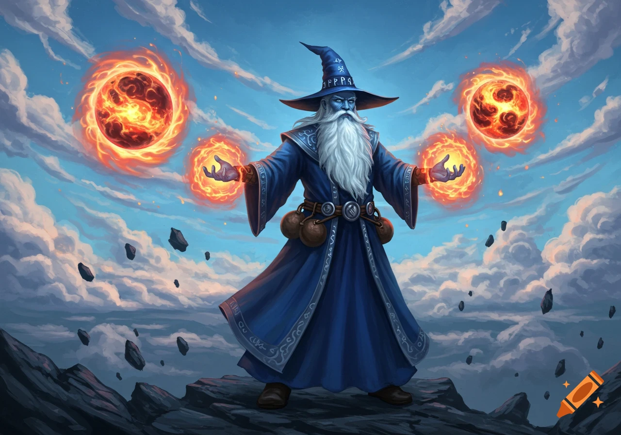 A blue-robed wizard with a white beard and pointy hat stands on a rocky outcrop under a cloudy sky, casting fireballs from his hands. Floating rocks surround him.