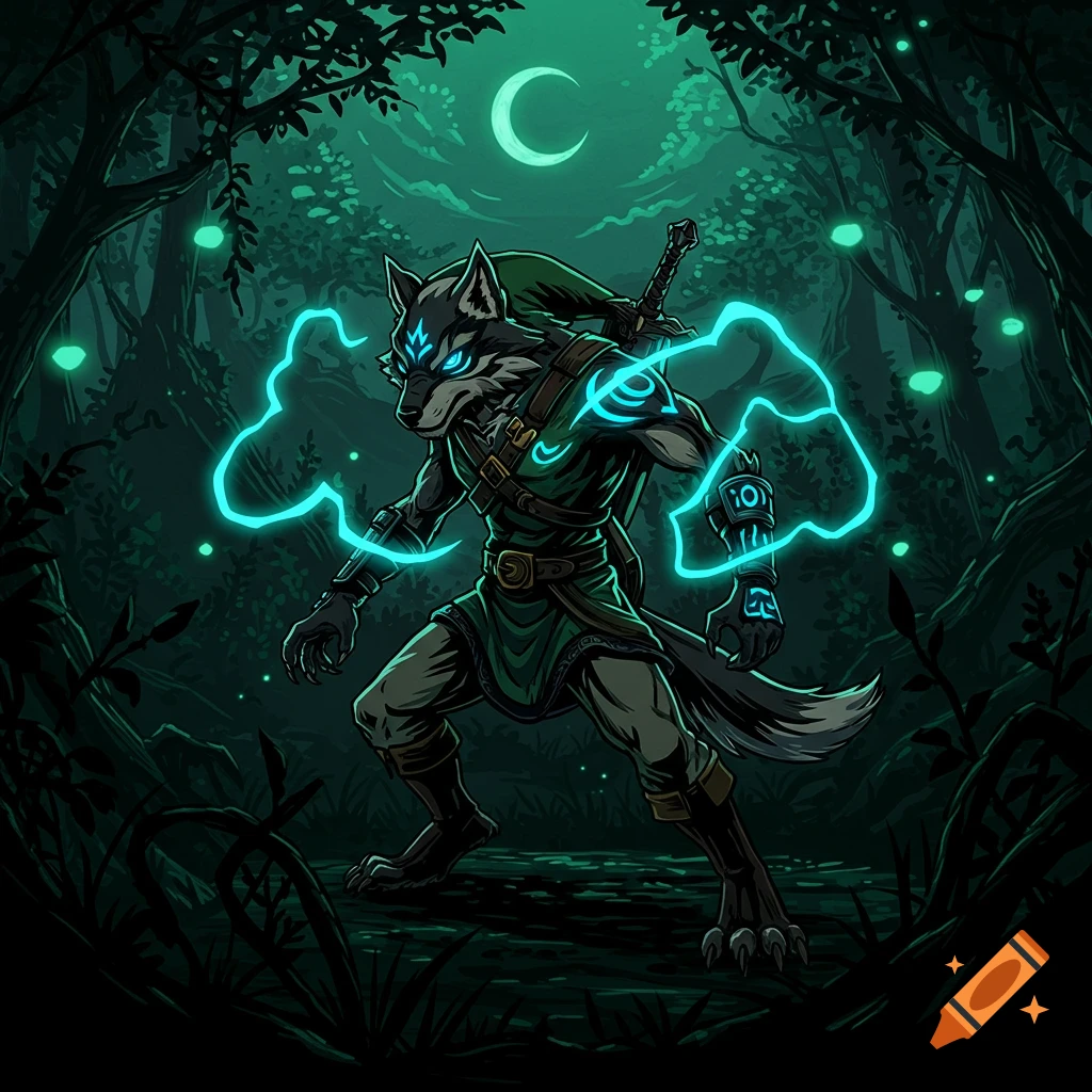 Stylized illustration of a bipedal wolf character with glowing blue energy and eyes, wearing a green tunic, in a dark forest under a crescent moon.