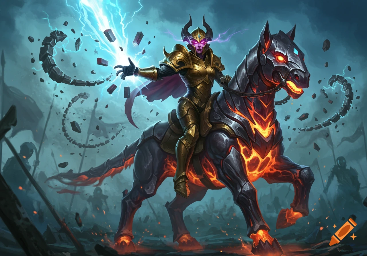 A female warrior in golden armor rides a fiery armored horse, casting blue lightning amidst a battle.