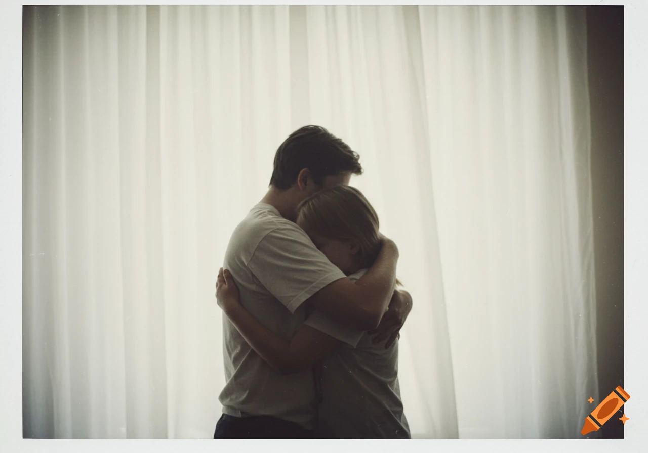 Two people embracing in a vintage Polaroid-style photo against a backdrop of white curtains.
