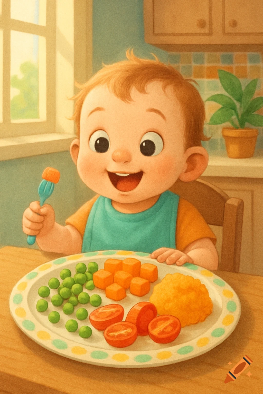 A cheerful cartoon baby sits at a table, eating a plate of colorful vegetables with a fork in a bright kitchen.