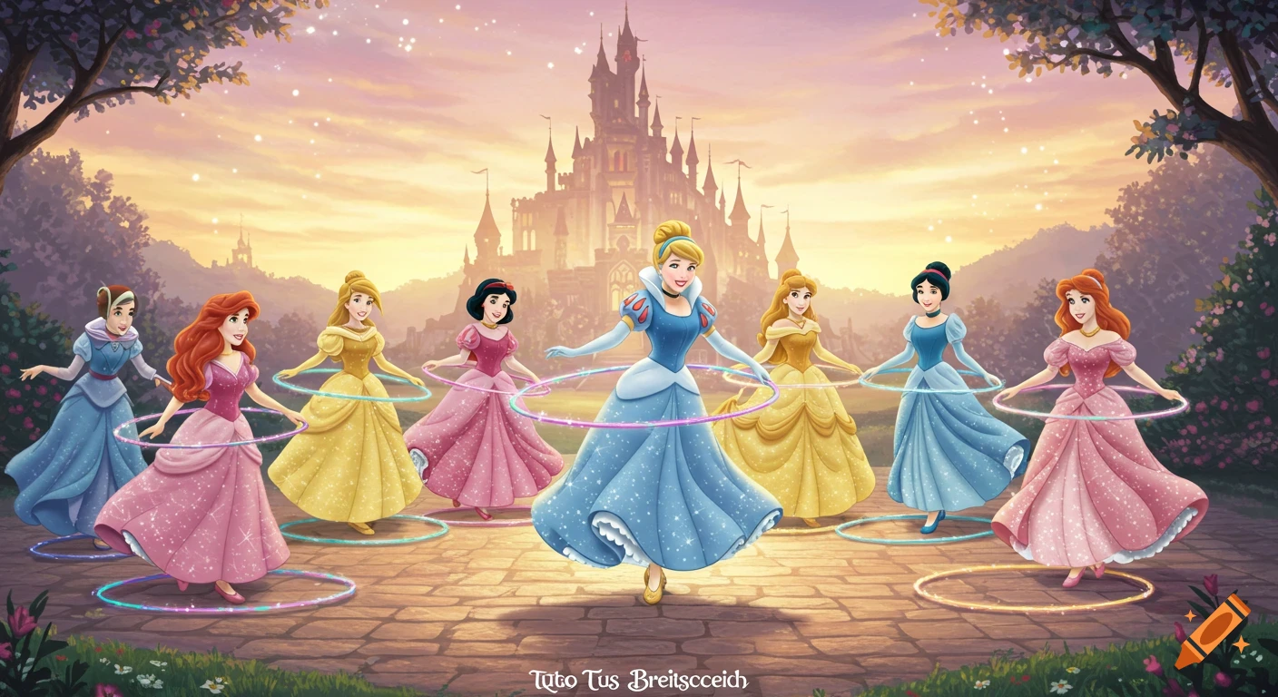 Several Disney princesses hula hooping in a magical garden with a castle in the background at sunset, in a cartoon style.