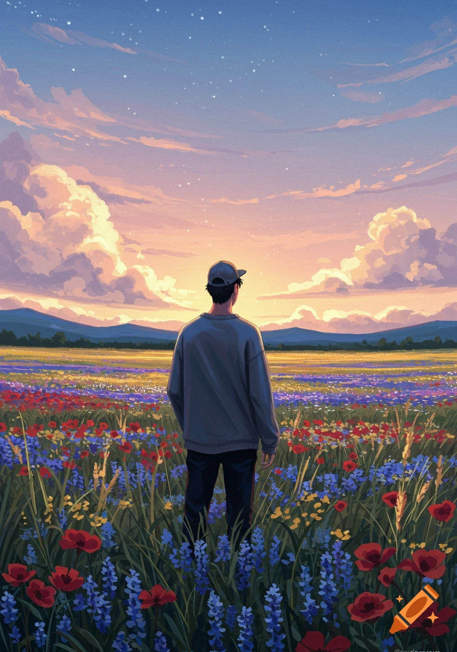 A person wearing a cap and sweater stands with their back to the viewer, looking at a vibrant field of wildflowers under a cloudy sunset sky.