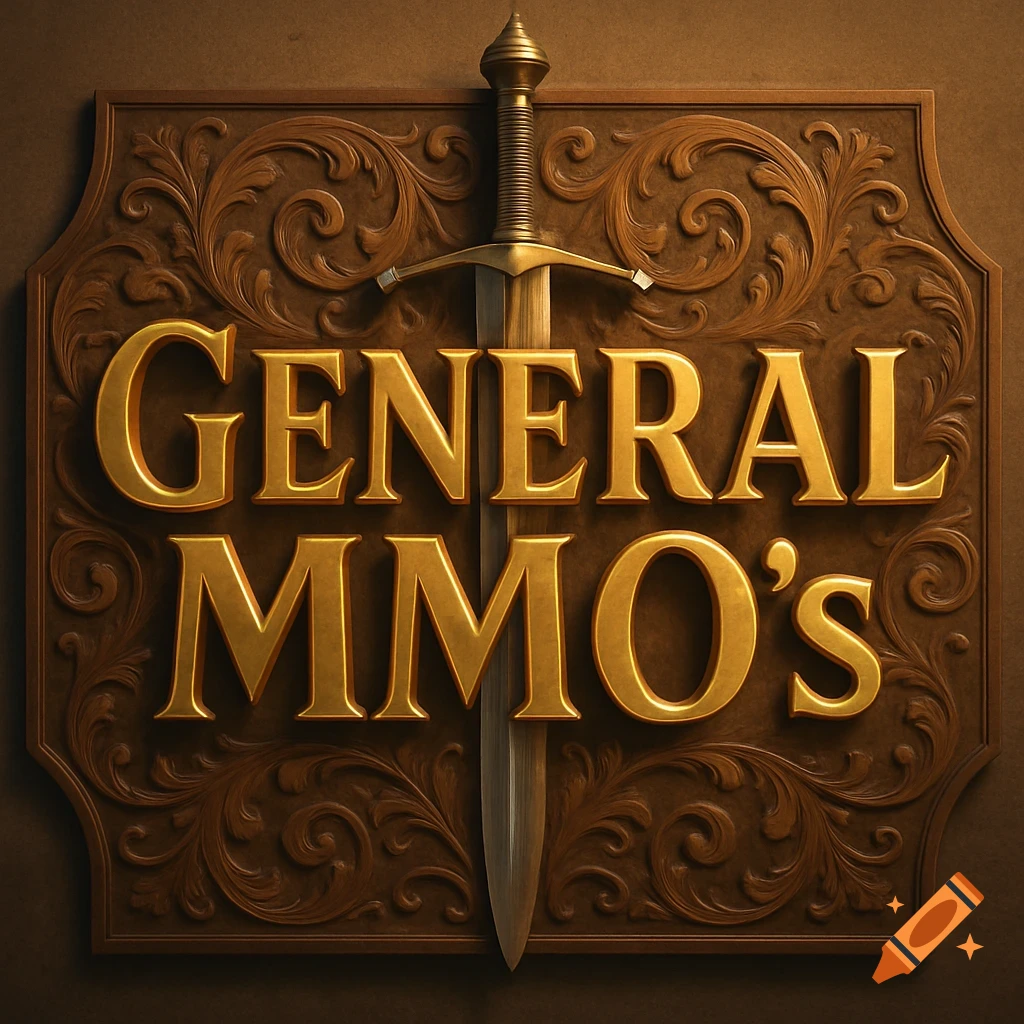 Golden "GENERAL MMO'S" text on a carved wooden plaque with a sword passing through it.