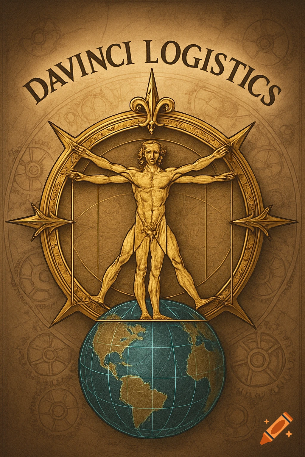 Golden Vitruvian Man on a compass rose above a globe, with 'DAVINCI LOGISTICS' text on an aged parchment background.