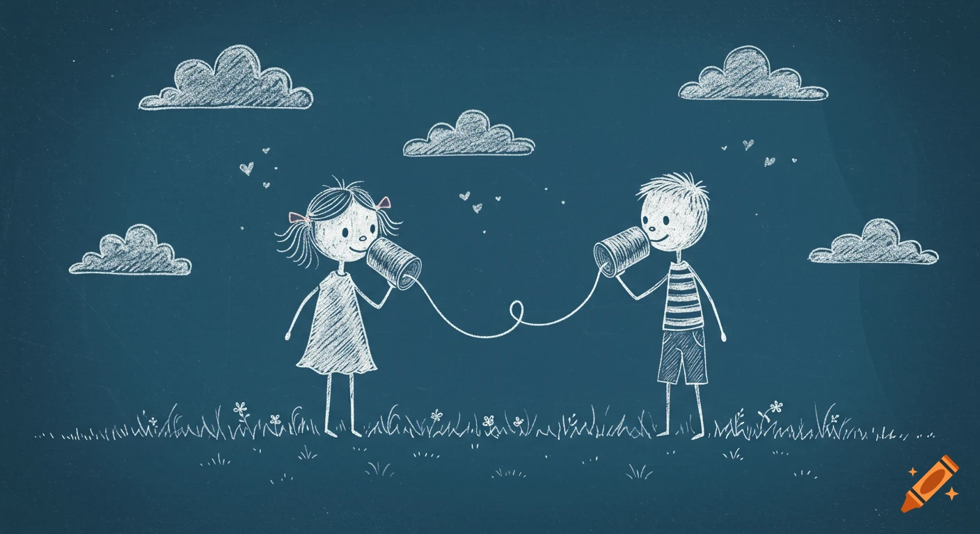 Chalkboard drawing of a girl and boy communicating with tin cans, surrounded by clouds and grass on a dark blue background.