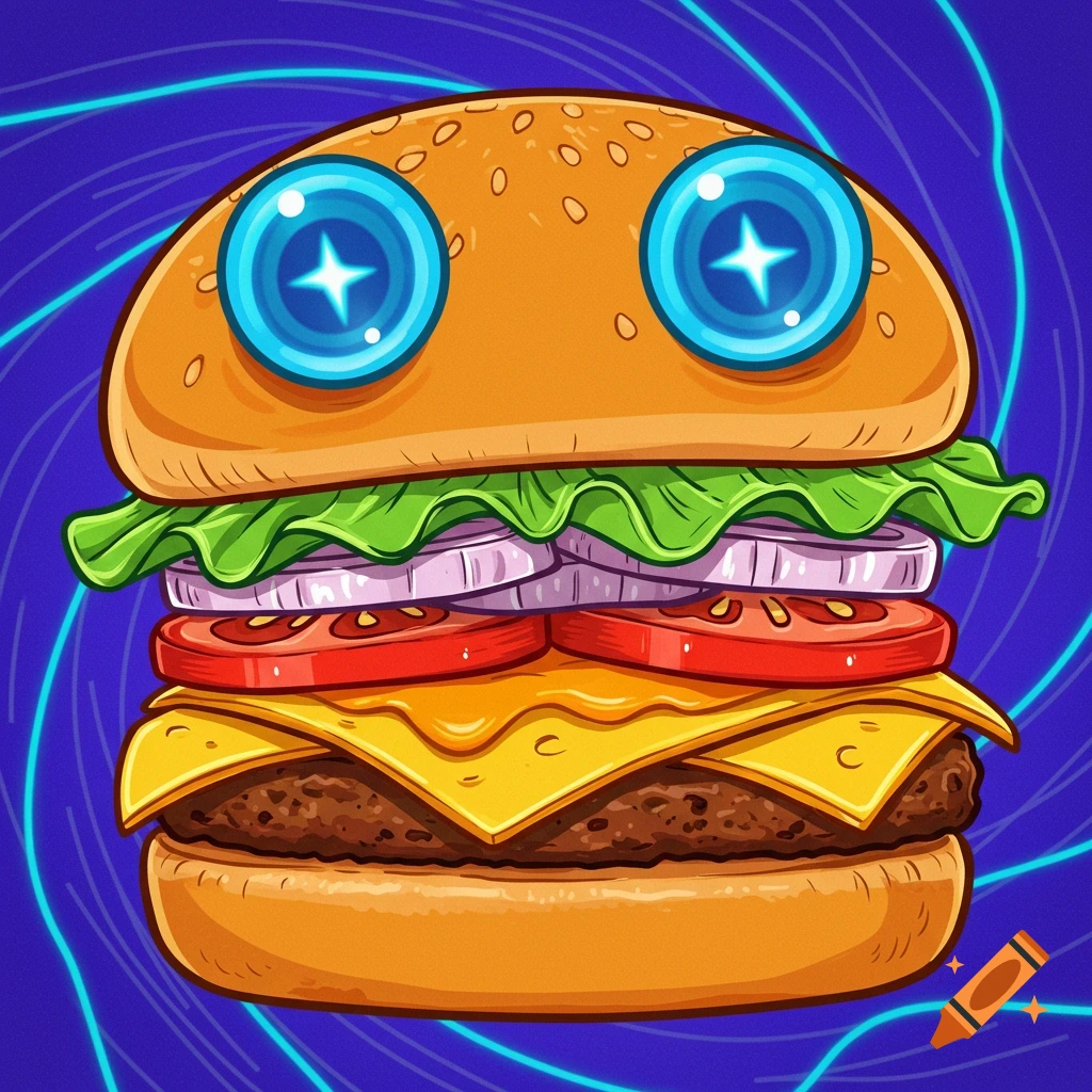 A vibrant cartoon burger with large blue neon eyes and a sesame bun, lettuce, onion, tomato, cheese, and patty.