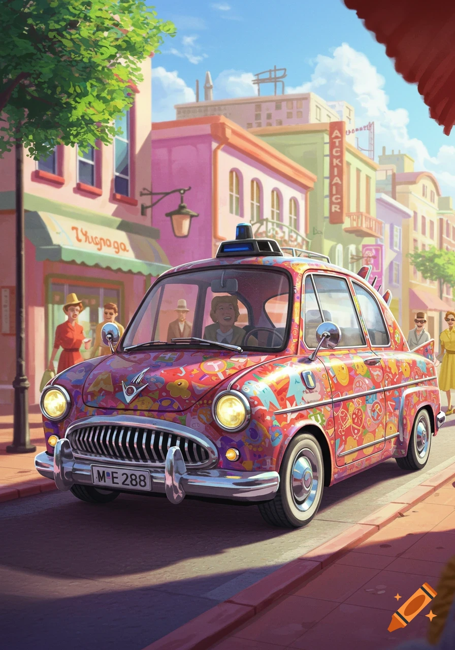 A vibrant cartoon-style illustration of a red, psychedelic-patterned vintage car driving down a colorful city street with people on the sidewalk.