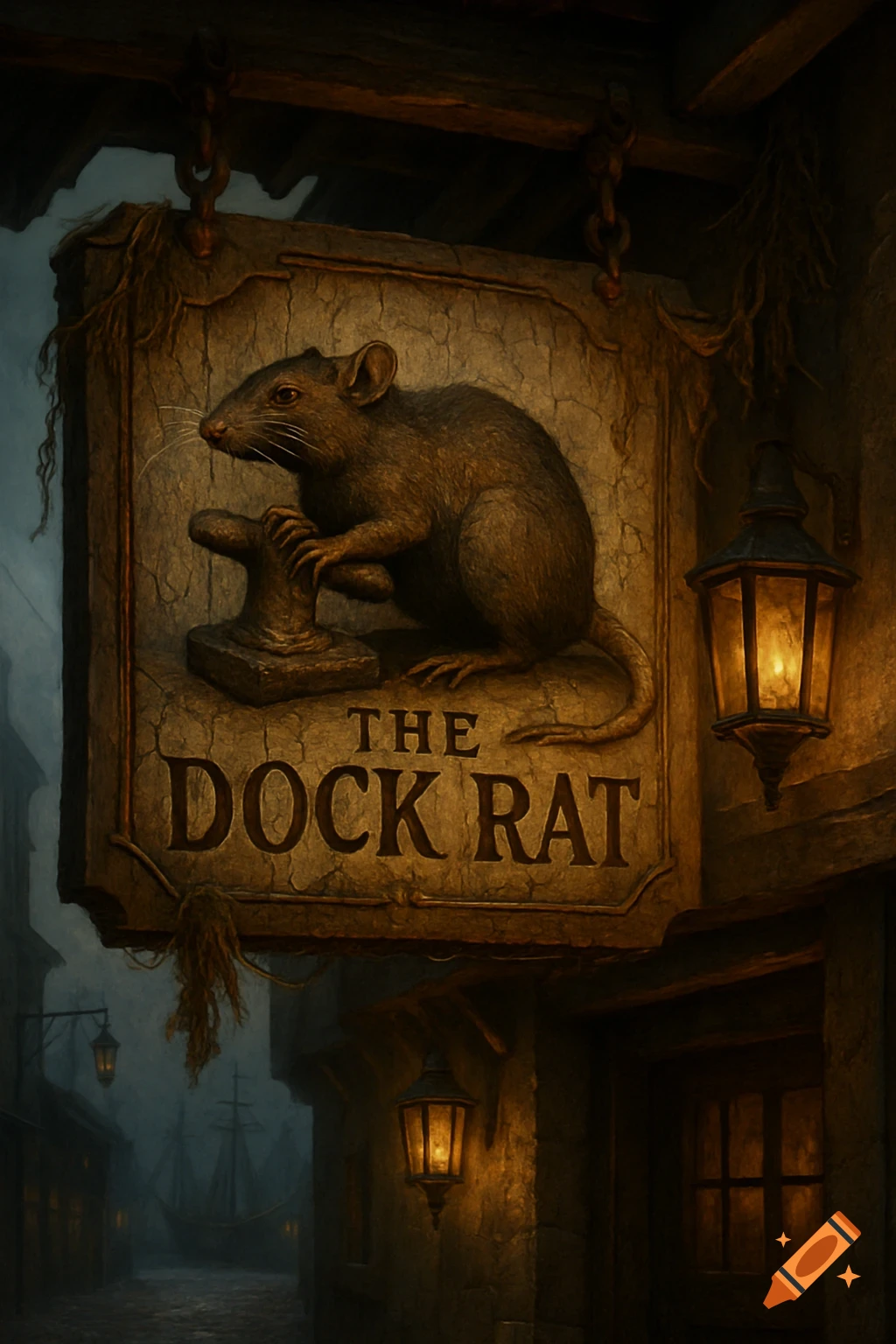 A weathered medieval inn sign for 'The Dock Rat', depicting a rat, hangs over a dark, misty street with lanterns and a ship.