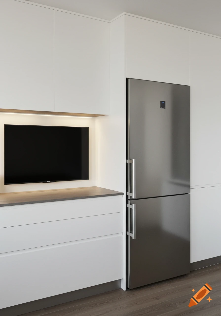 A modern kitchen with white cabinets, a stainless steel refrigerator, and a mounted TV above a grey counter.