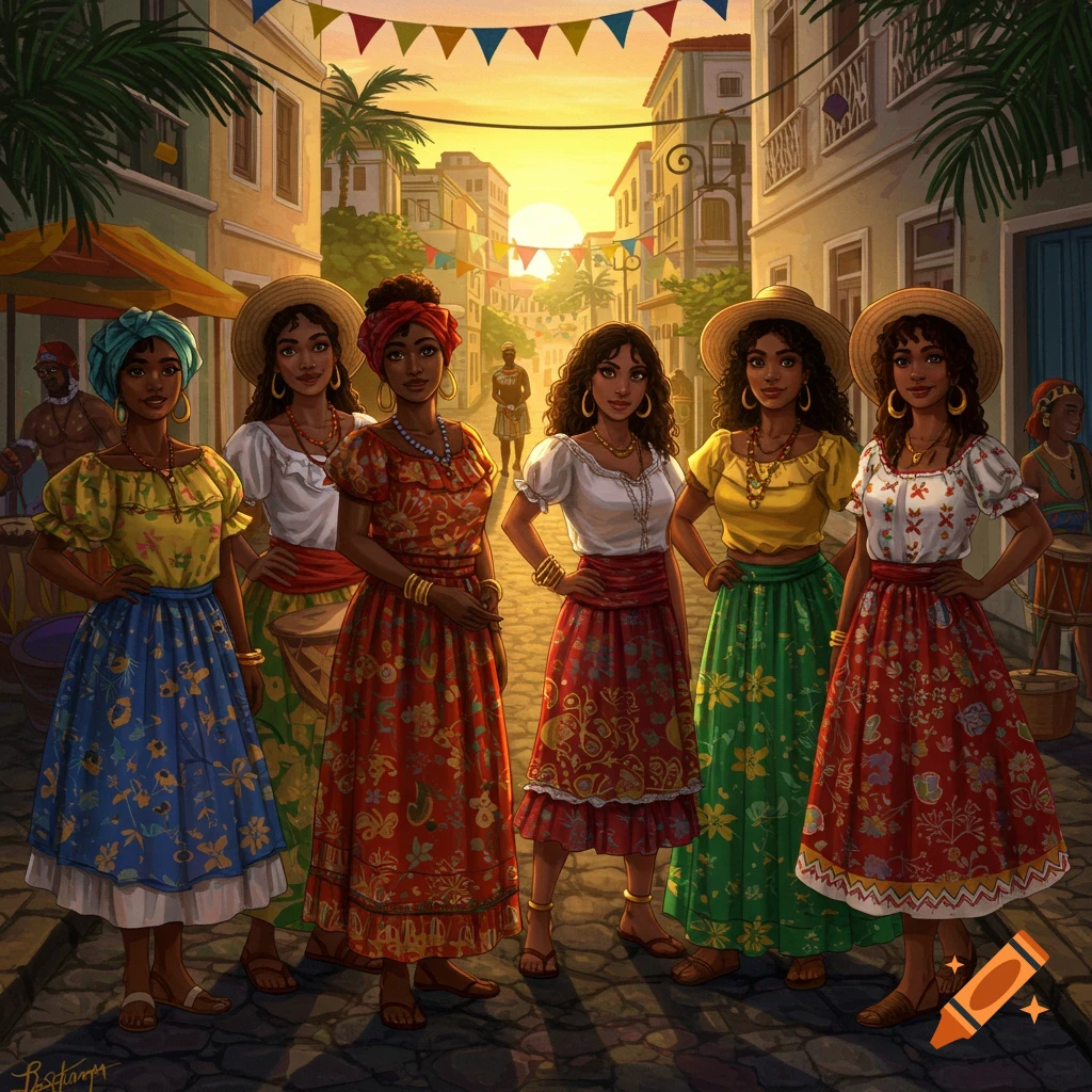 Six smiling Brazilian women in colorful traditional dresses stand on a cobblestone street at sunset, adorned with festive flags.
