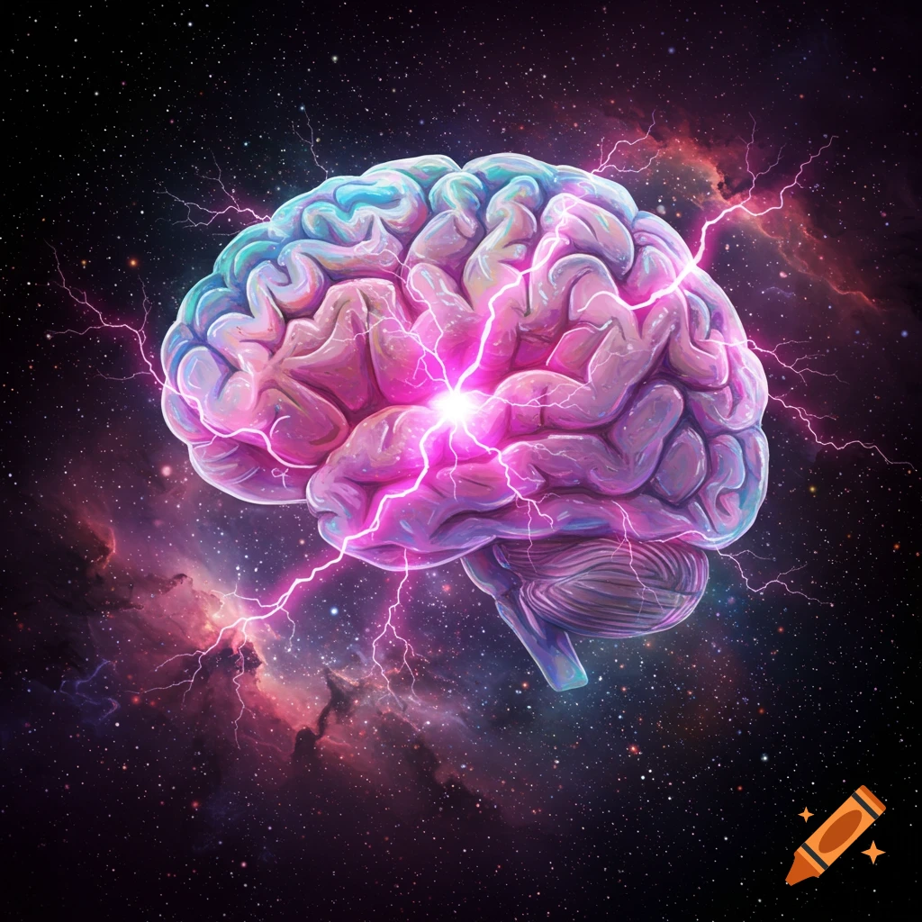A brightly colored, stylized brain with pink lightning radiating from its center, set against a backdrop of outer space with stars and nebulae.