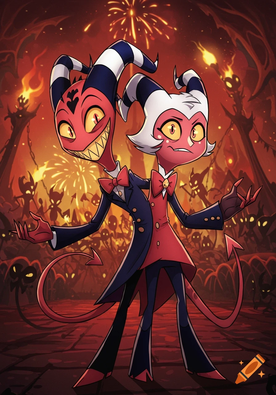 Conjoined cartoon demon characters Blitzø and Moxxie in suits stand in a fiery, festive hellish landscape with fireworks.