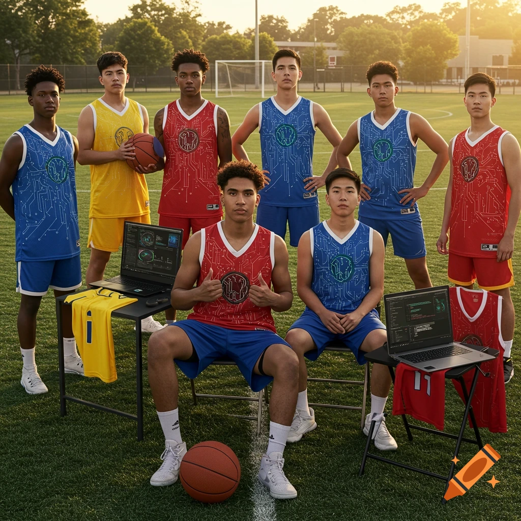 Photorealistic image of young male basketball players in circuit-patterned jerseys on a sports field, with laptops and basketballs.