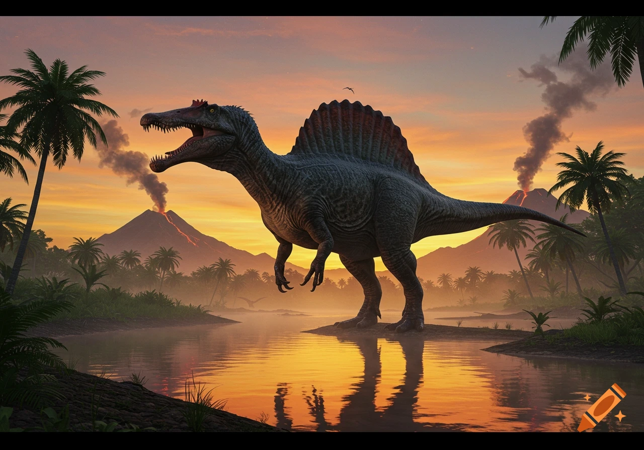 A large Spinosaurus roars on an island in a prehistoric swamp at sunset, with erupting volcanoes and palm trees.