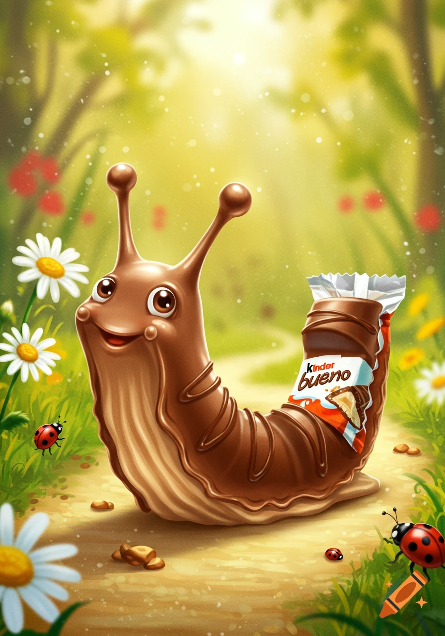 A cute cartoon snail made of chocolate with a Kinder Bueno bar as its shell, in a bright, whimsical garden with flowers and ladybugs.