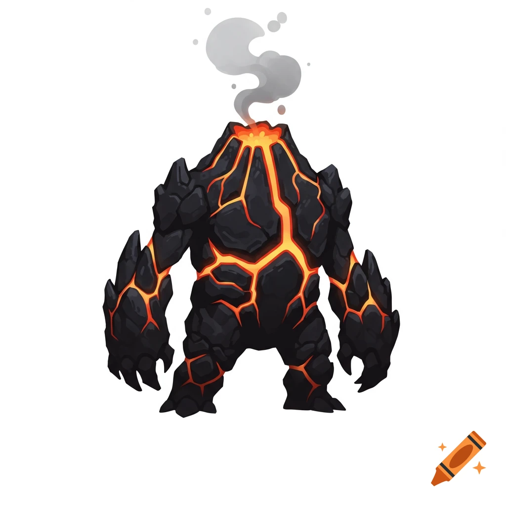 Cartoon concept art of a volcano monster made of black rock and glowing orange lava, emitting smoke from its head, on a white background.