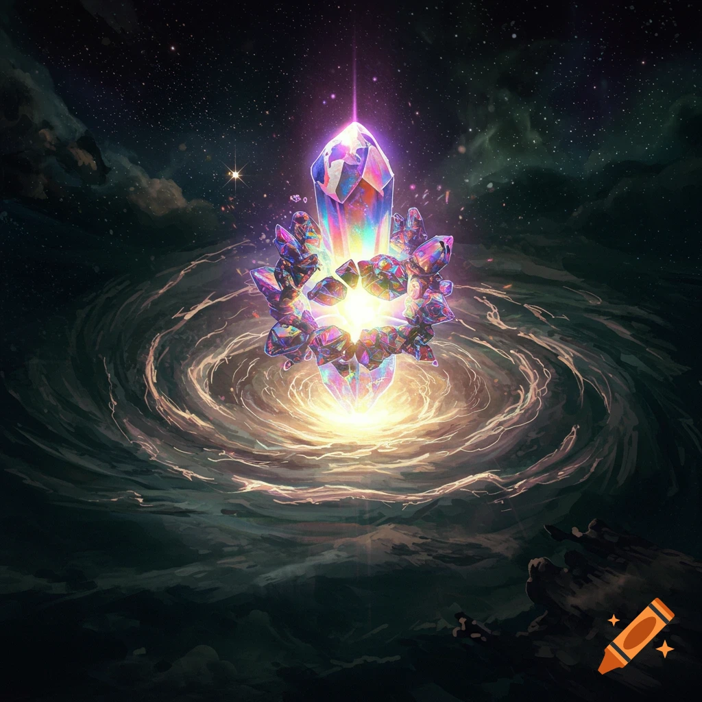A vibrant, glowing rainbow crystal floats above a swirling cosmic galaxy, surrounded by starlight.