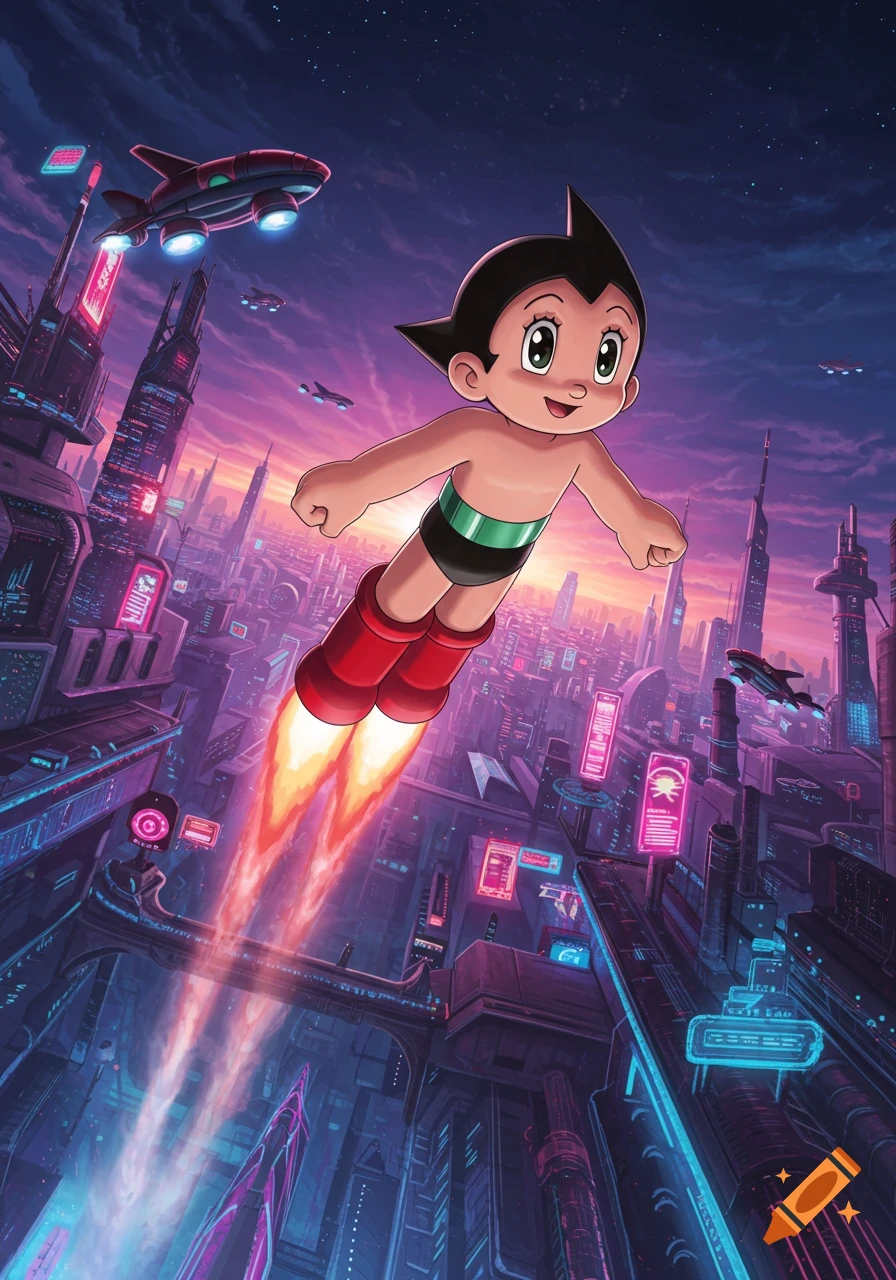 Astro Boy flies over a vibrant, neon-lit futuristic city at dusk, with spaceships in the sky.