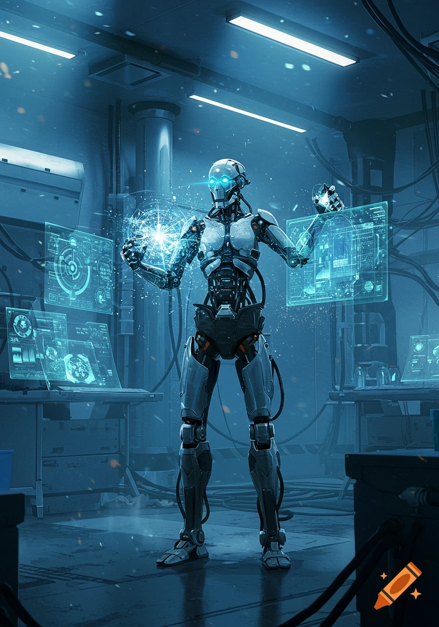 A futuristic robot with glowing eyes stands in a blue-lit lab, manipulating glowing holographic interfaces and energy orbs.