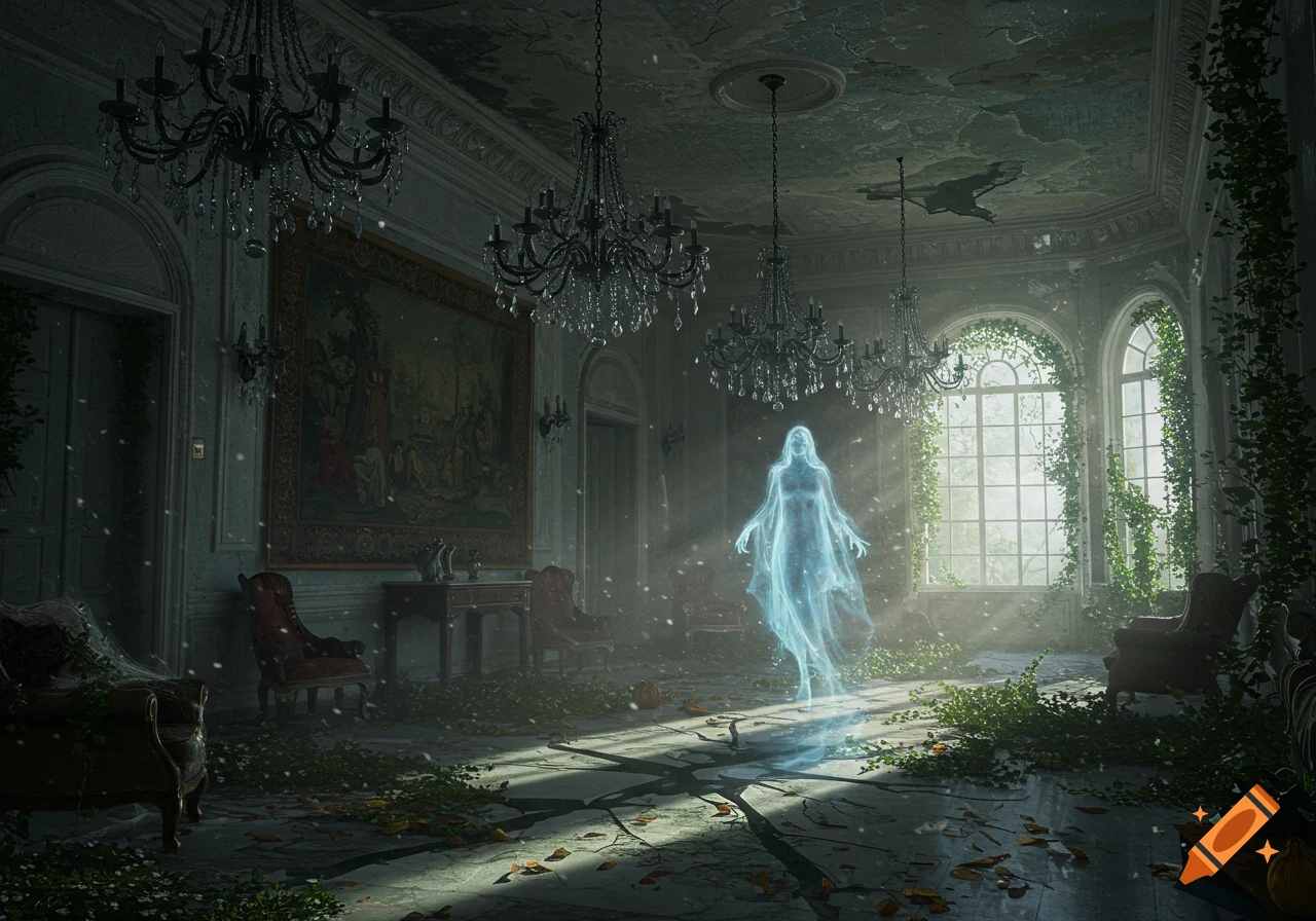 A luminous, ethereal ghost floats in the decaying grandeur of an abandoned mansion, light streaming through large windows.