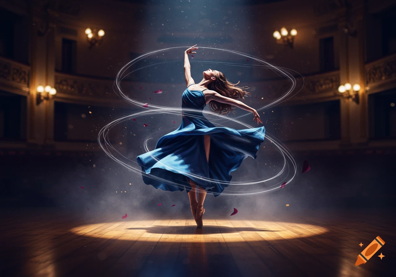 A female dancer in a blue dress leaps on a spotlighted wooden stage, with glowing lines and rose petals swirling around her in a dark theater.
