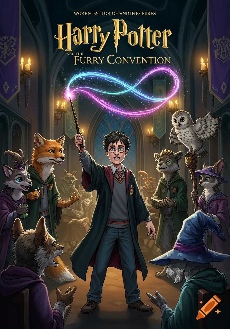 Harry Potter casts a glowing spell in a grand hall, surrounded by various anthropomorphic animal characters, in a book cover illustration style.