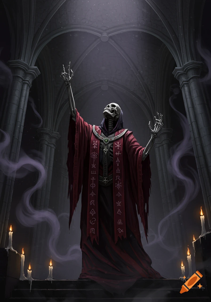 A skeleton in a dark red robe with arcane symbols raises its hands in a gothic archway, surrounded by candles and smoke.
