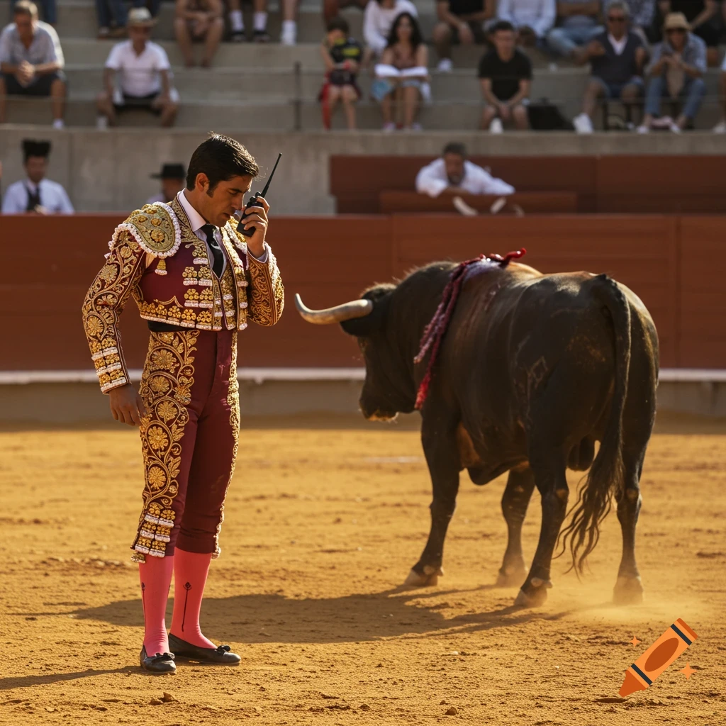 A matador in a traditional suit speaks on a walkie-talkie, facing a bull in a sandy bullring. Photorealistic.