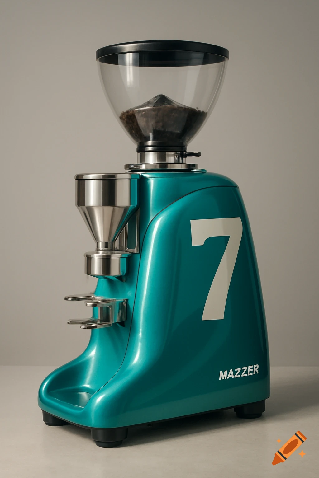 Photorealistic image of a turquoise Mazzer coffee grinder with a large white number 7 on its side, filled with coffee beans.