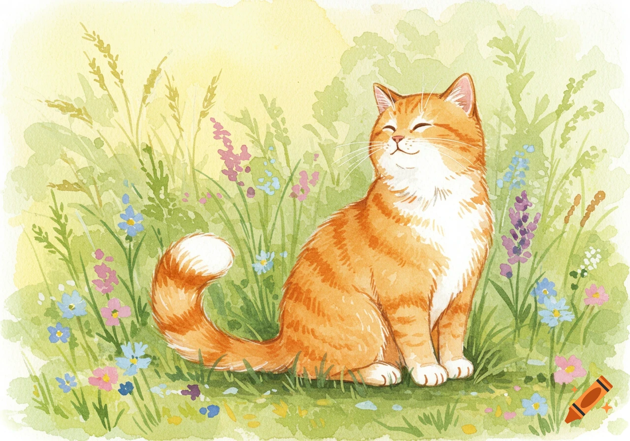 Whimsical watercolor of a happy orange tabby cat sitting in a field of green grass and colorful wildflowers.