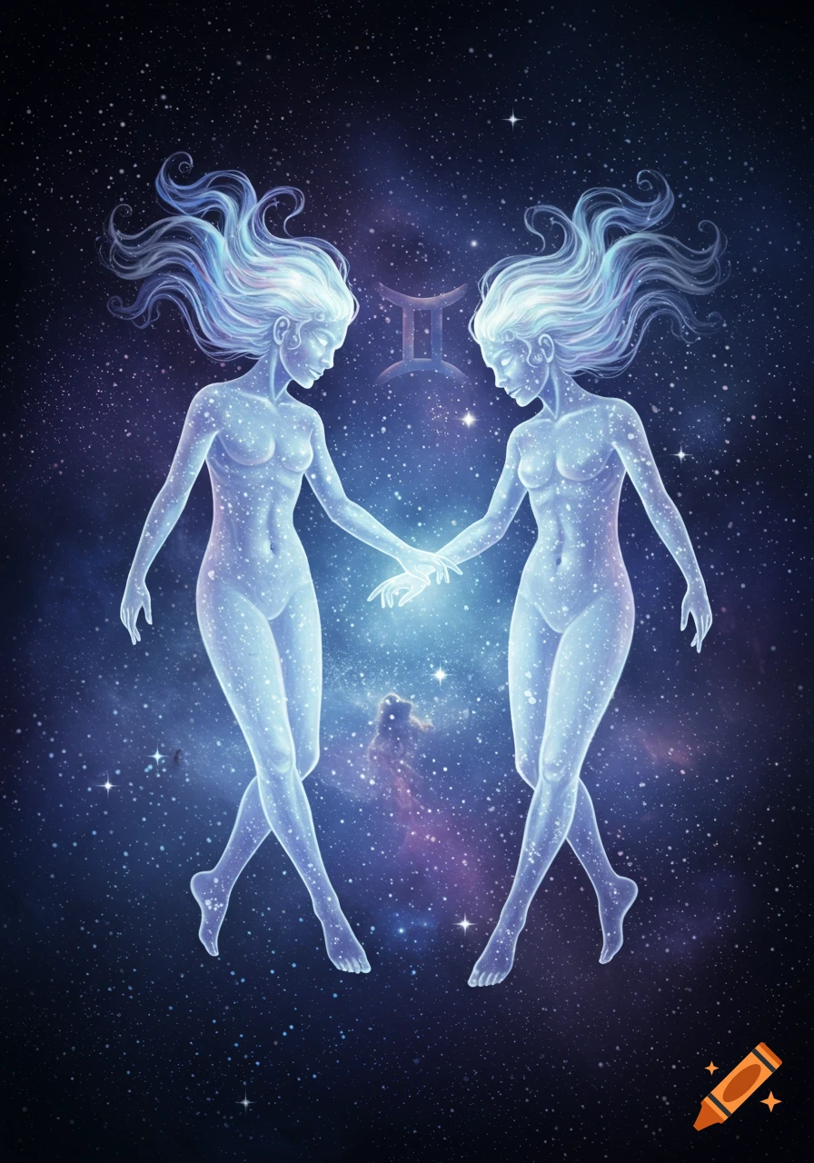 Two ethereal, luminous figures with flowing hair, representing Gemini, hold hands against a starry cosmic background with the Gemini symbol.