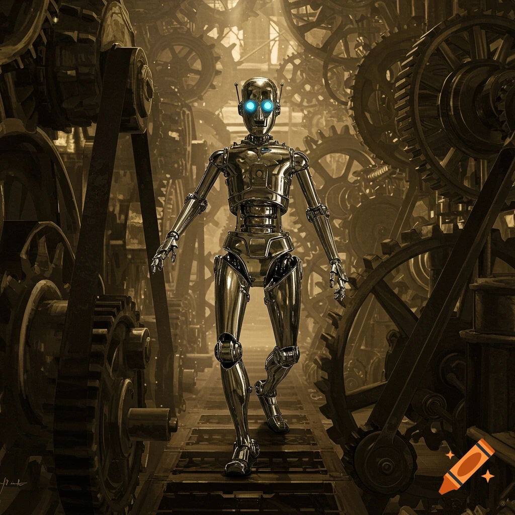 A shiny metallic robot with glowing blue eyes walks through a sepia-toned factory filled with intricate gears and machinery.