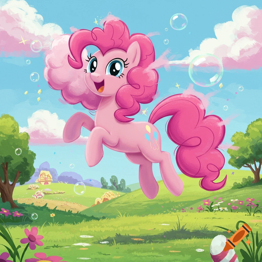 Pinkie Pie, a cheerful pink pony, leaps happily through a sunny, grassy field filled with bubbles and clouds in a vibrant cartoon style.