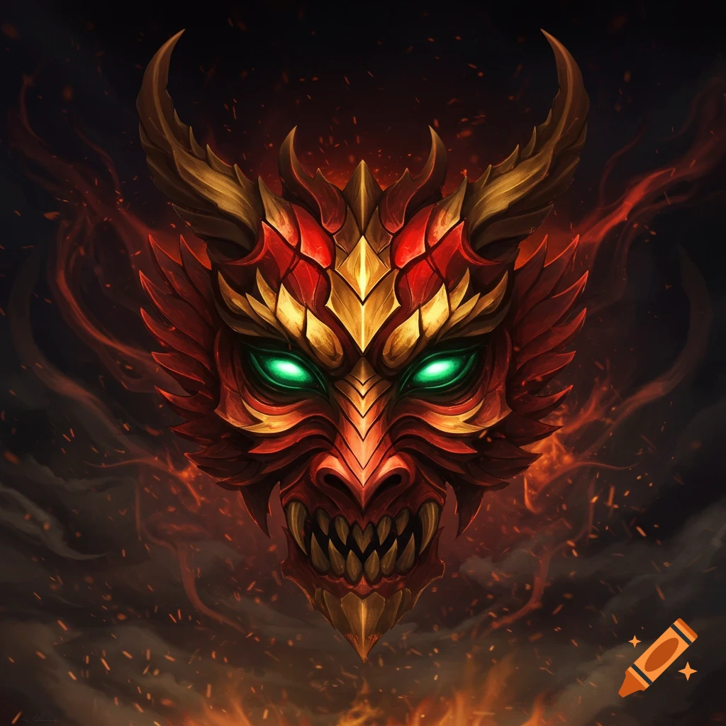 A stylized red and gold dragon mask with glowing green eyes, surrounded by fire and embers, in a digital art style.
