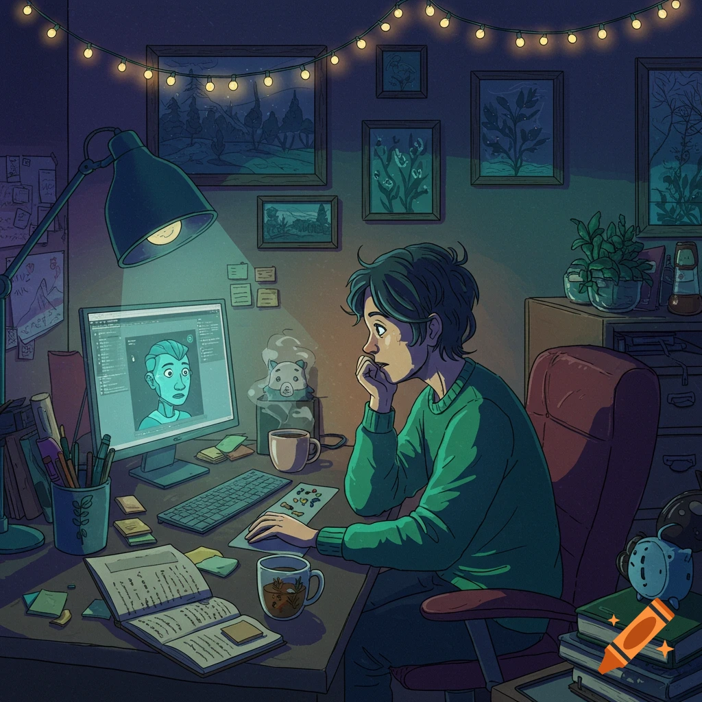 A stylized illustration of a person with green hair working at a computer desk in a dimly lit room, surrounded by books, plants, and string lights.
