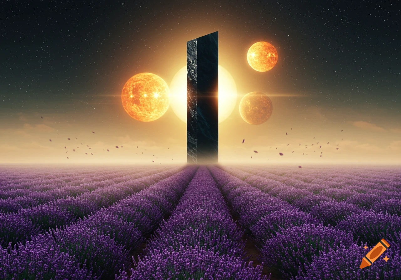 A black monolith stands in a vast field of purple lavender under a starry sky with three glowing orange suns.