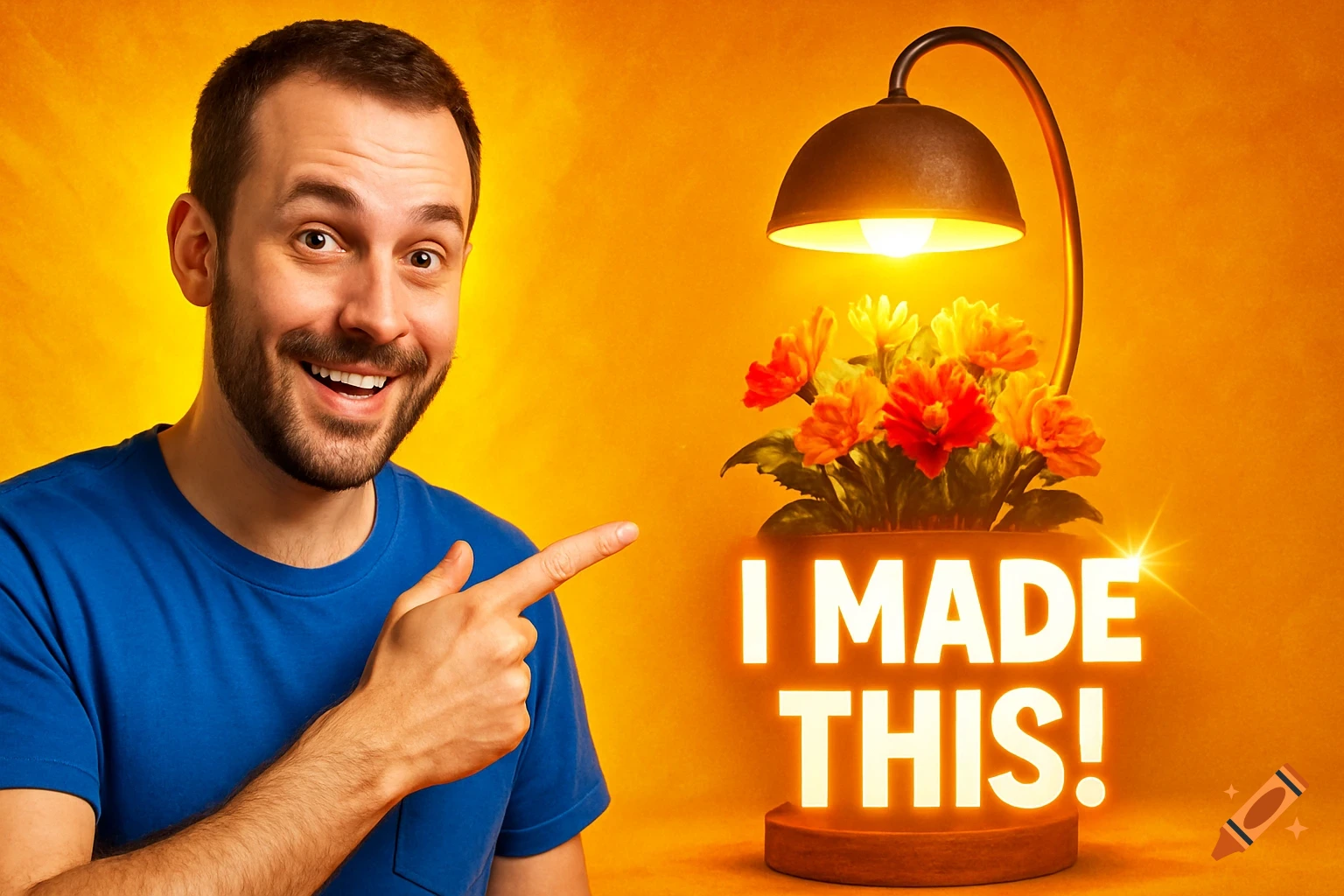 A smiling man in a blue shirt points to a glowing 'I MADE THIS!' text next to a bright flower pot light on a yellow background.