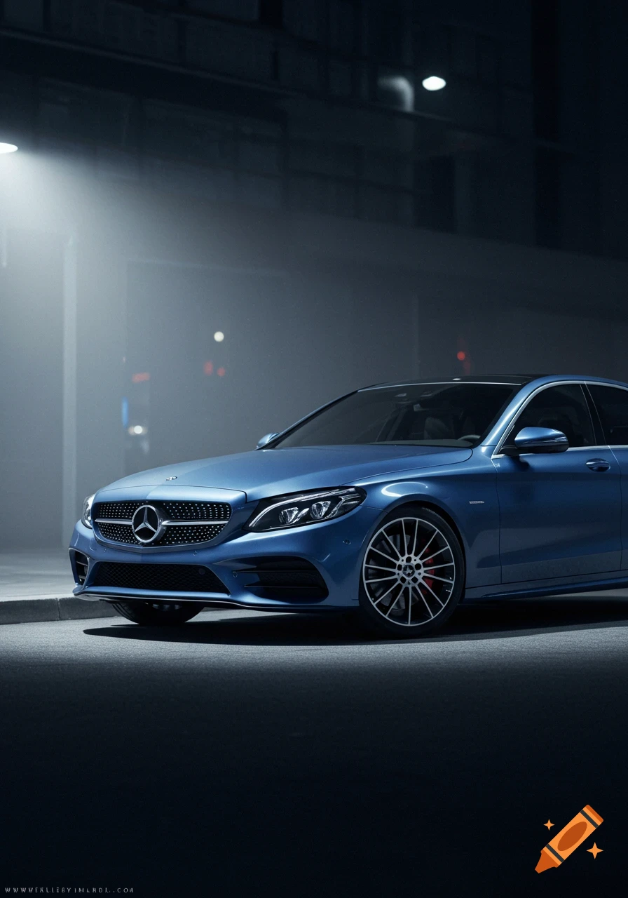 A blue Mercedes-Benz C-Class sedan with a diamond grille and black multi-spoke wheels, parked on a street at night under dim streetlights.