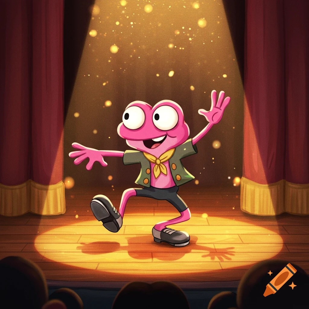 A pink cartoon frog with big eyes, wearing a green jacket and black shorts, tap dances on a spotlighted wooden stage with red curtains.